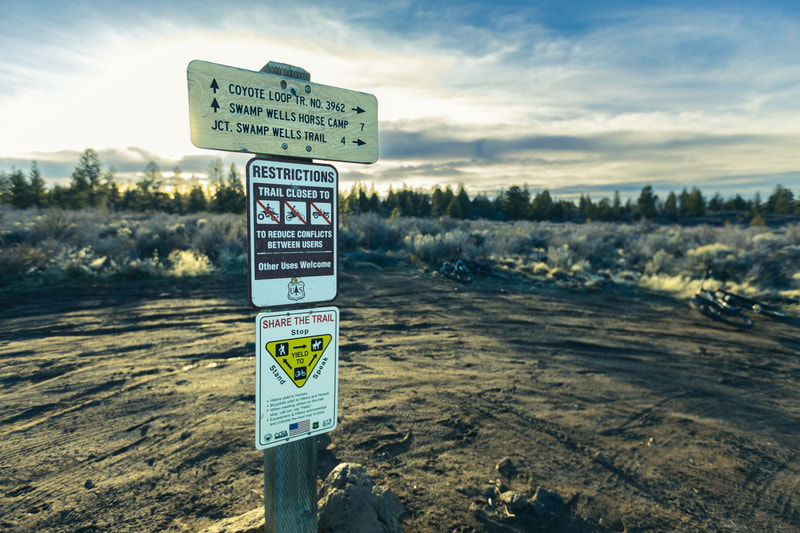 A post with Coyote Loop, Swamp Wells Horse Camp, and Swamp Wells Jct Sign, a restrictions sign, and an etiquette sign 